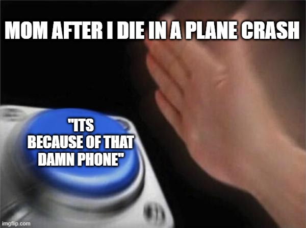 should we blame the phone in this situation? |  MOM AFTER I DIE IN A PLANE CRASH; "ITS BECAUSE OF THAT DAMN PHONE" | image tagged in memes,blank nut button | made w/ Imgflip meme maker