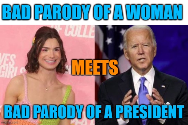 Democrats are the Theater of the Absurd | BAD PARODY OF A WOMAN; MEETS; BAD PARODY OF A PRESIDENT | image tagged in biden,trans,mental disorders,dementia,democrats | made w/ Imgflip meme maker