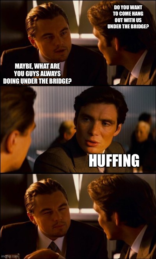 Conversation | DO YOU WANT TO COME HANG OUT WITH US UNDER THE BRIDGE? MAYBE, WHAT ARE YOU GUYS ALWAYS DOING UNDER THE BRIDGE? HUFFING | image tagged in conversation | made w/ Imgflip meme maker