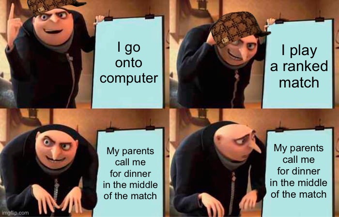 Gru's Plan | I go onto computer; I play a ranked match; My parents call me for dinner in the middle of the match; My parents call me for dinner in the middle of the match | image tagged in memes,gru's plan | made w/ Imgflip meme maker