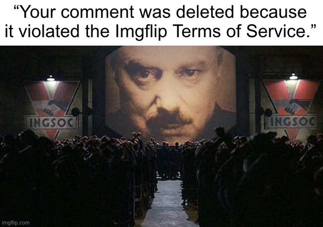 This reminds me of the book “Brave New World” by Aldous Huxley | “Your comment was deleted because it violated the Imgflip Terms of Service.” | image tagged in 1984 | made w/ Imgflip meme maker