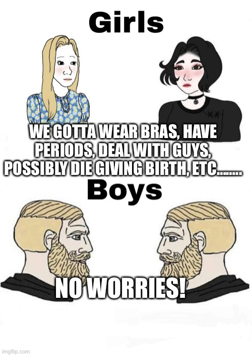 Girls vs Boys | WE GOTTA WEAR BRAS, HAVE PERIODS, DEAL WITH GUYS, POSSIBLY DIE GIVING BIRTH, ETC…….. NO WORRIES! | image tagged in girls vs boys | made w/ Imgflip meme maker