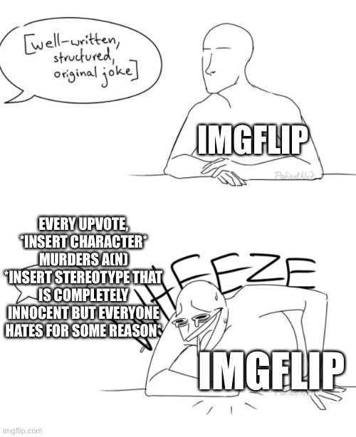 *eyeroll* | IMGFLIP; EVERY UPVOTE, *INSERT CHARACTER* MURDERS A(N) *INSERT STEREOTYPE THAT IS COMPLETELY INNOCENT BUT EVERYONE HATES FOR SOME REASON*; IMGFLIP | image tagged in well-written structured original koke | made w/ Imgflip meme maker