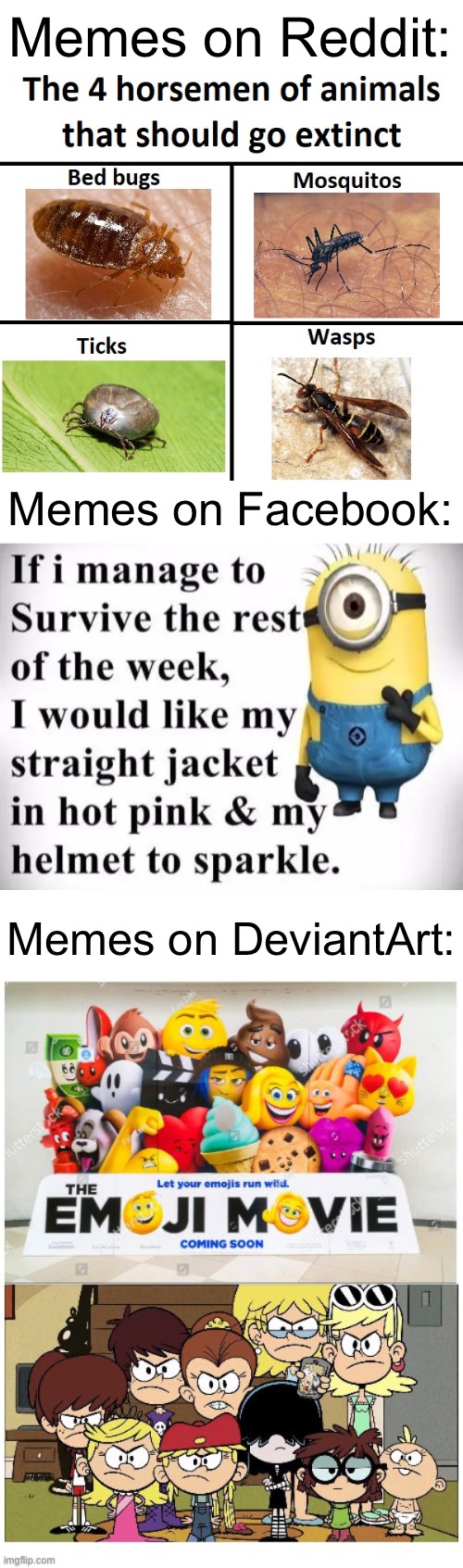 A DeviantArt Meme could be Worse than a Facebook Minion Meme | Memes on Reddit:; Memes on Facebook:; Memes on DeviantArt: | image tagged in memes,funny,facebook,reddit,deviantart,minion | made w/ Imgflip meme maker