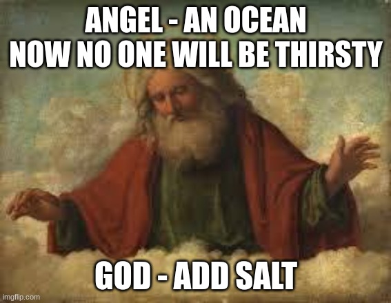 Thanks for the fish tho | ANGEL - AN OCEAN NOW NO ONE WILL BE THIRSTY; GOD - ADD SALT | image tagged in god | made w/ Imgflip meme maker