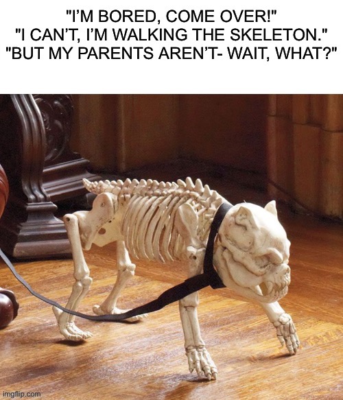 He’s a good boy, even beyond the grave! | image tagged in funny,memes,skeleton,spooky month,spooktober,parents | made w/ Imgflip meme maker