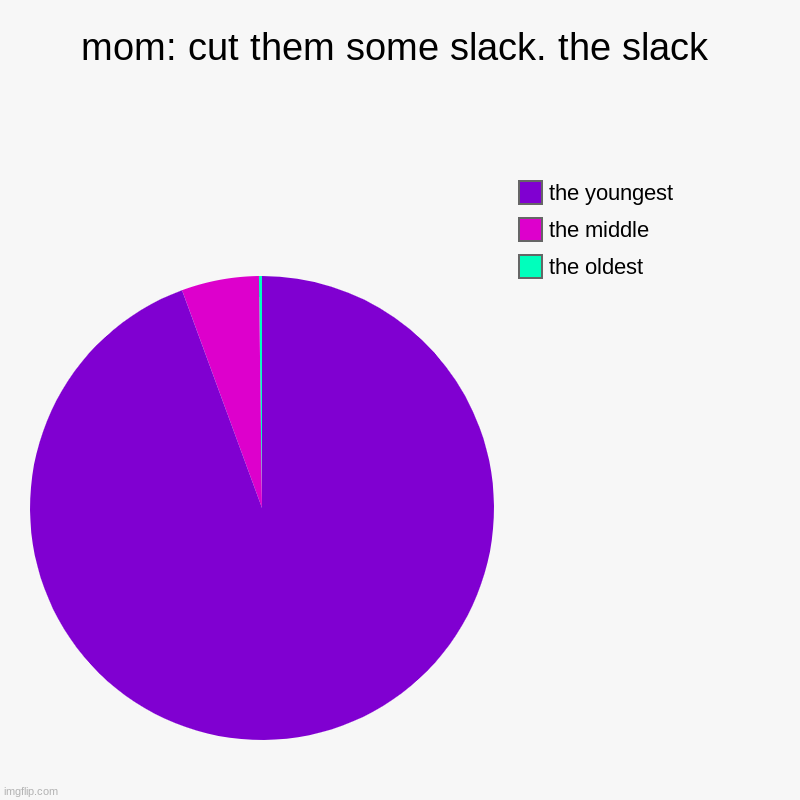 siiiiiiiiigh :[ guess which one i am? | mom: cut them some slack. the slack | the oldest, the middle, the youngest | image tagged in charts,pie charts | made w/ Imgflip chart maker