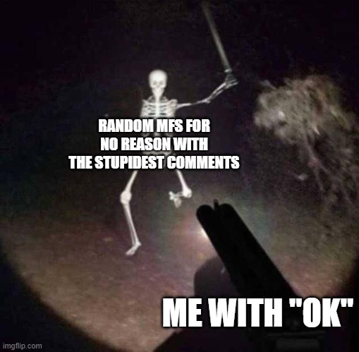 Who else can relate? | RANDOM MFS FOR NO REASON WITH THE STUPIDEST COMMENTS; ME WITH "OK" | image tagged in skeleton running at you with sword | made w/ Imgflip meme maker