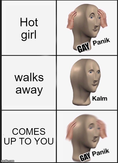 Gay Panik | Hot girl; GAY; walks away; COMES UP TO YOU; GAY | image tagged in memes,panik kalm panik | made w/ Imgflip meme maker