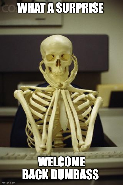 Waiting Skeleton | WHAT A SURPRISE WELCOME BACK DUMBASS | image tagged in waiting skeleton | made w/ Imgflip meme maker