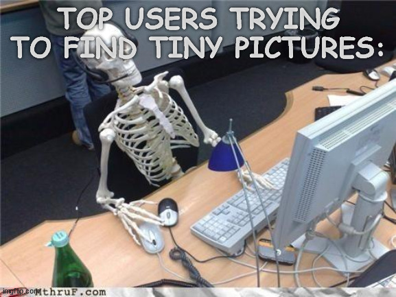 it takes me this long at least | TOP USERS TRYING TO FIND TINY PICTURES: | image tagged in waiting skeleton,memes,funny,gifs,not really a gif | made w/ Imgflip meme maker