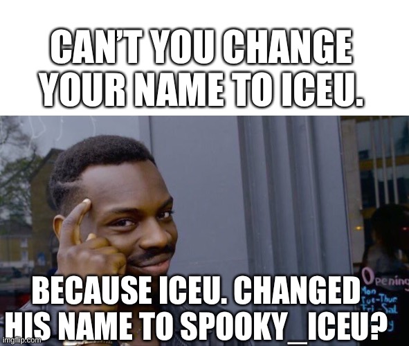 this is true tho | CAN’T YOU CHANGE YOUR NAME TO ICEU. BECAUSE ICEU. CHANGED HIS NAME TO SPOOKY_ICEU? | image tagged in memes,roll safe think about it | made w/ Imgflip meme maker