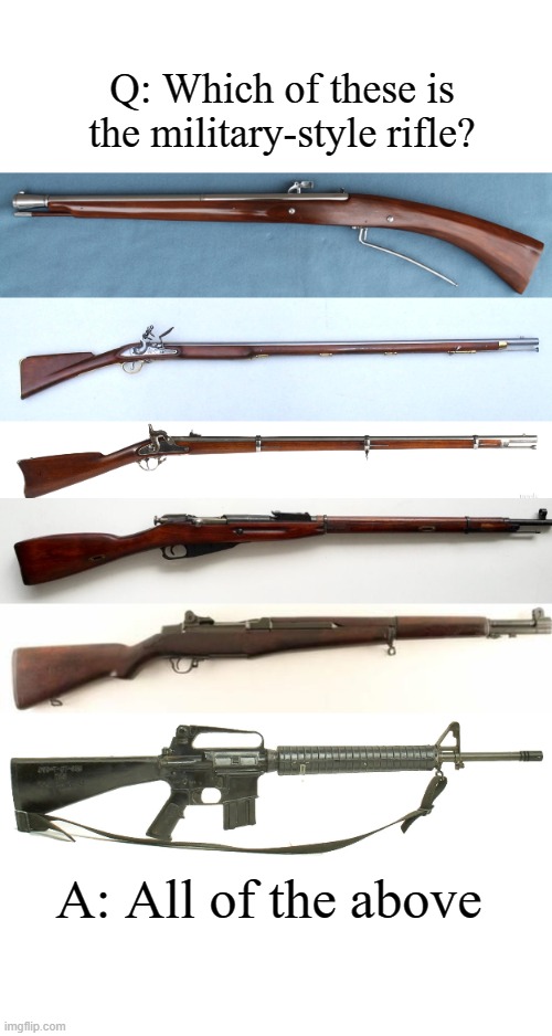 A: All of the above Q: Which of these is the military-style rifle? | made w/ Imgflip meme maker