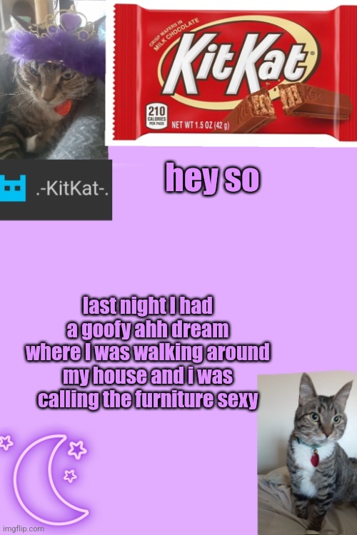 Kittys announcement template kitkat addition | hey so; last night I had а goofy ahh dream where I was walking around my house and i was calling the furniture sexy | image tagged in kittys announcement template kitkat addition | made w/ Imgflip meme maker