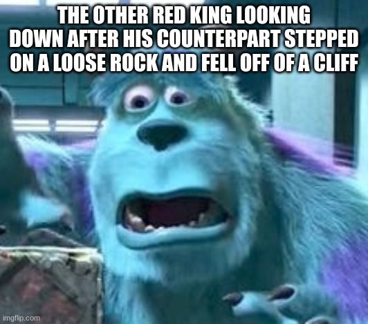 , j.n bbhkvhjbkhm | THE OTHER RED KING LOOKING DOWN AFTER HIS COUNTERPART STEPPED ON A LOOSE ROCK AND FELL OFF OF A CLIFF | made w/ Imgflip meme maker