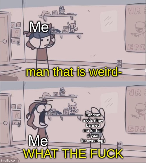 Man That Is Weird WHAT THE F | Me; Me; Fandom mods (they banned me for half a year for swearing) | image tagged in man that is weird what the f | made w/ Imgflip meme maker