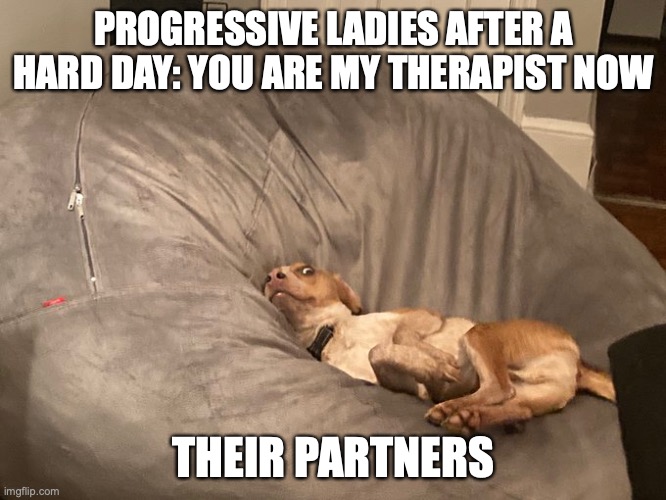 Progressive Therapy Dogs | PROGRESSIVE LADIES AFTER A HARD DAY: YOU ARE MY THERAPIST NOW; THEIR PARTNERS | image tagged in progressives,therapy,emotional support dog | made w/ Imgflip meme maker