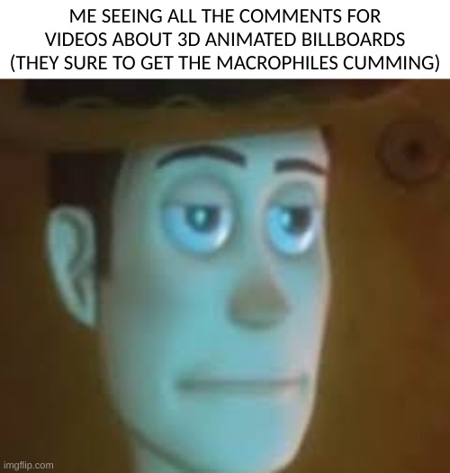 giant things hit differently now thanks to macrophiles | ME SEEING ALL THE COMMENTS FOR VIDEOS ABOUT 3D ANIMATED BILLBOARDS (THEY SURE TO GET THE MACROPHILES CUMMING) | image tagged in memes,funny,disappointed woody,youtube,macrophile,comments | made w/ Imgflip meme maker