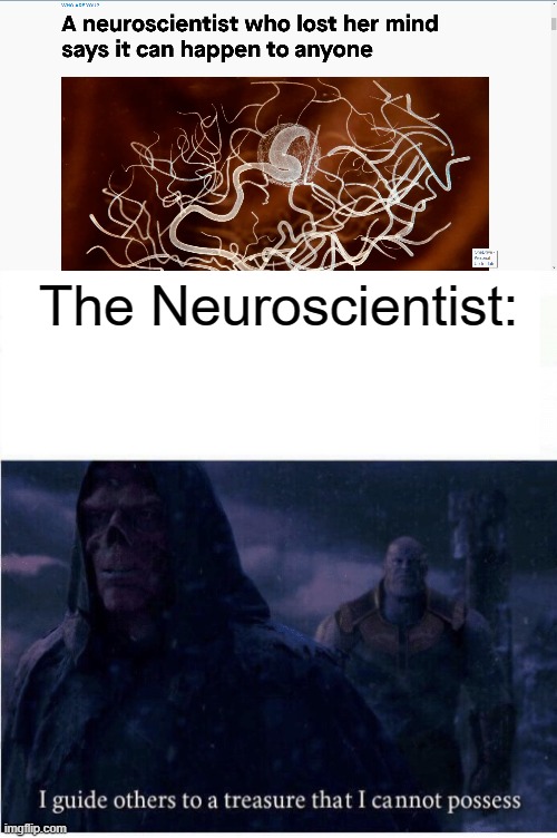 The insane neuroscientist | The Neuroscientist: | image tagged in i guide others to a treasure i cannot possess | made w/ Imgflip meme maker