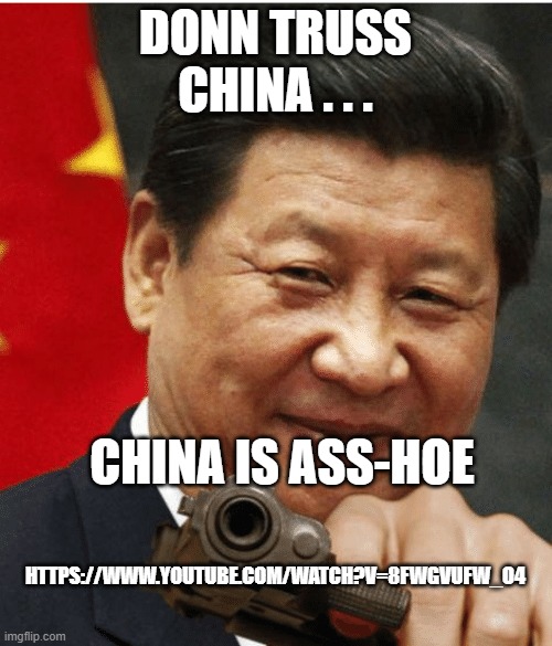 Xi Jinping | DONN TRUSS CHINA . . . CHINA IS ASS-HOE HTTPS://WWW.YOUTUBE.COM/WATCH?V=8FWGVUFW_O4 | image tagged in xi jinping | made w/ Imgflip meme maker