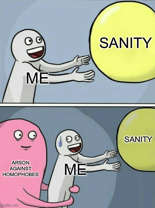 Ahaha arson (I’m not actually gonna burn anything unfortunately) | SANITY; ME; SANITY; ARSON AGAINST HOMOPHOBES; ME | image tagged in memes,running away balloon,arson,homophobe | made w/ Imgflip meme maker