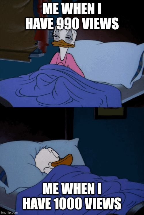 Sleeping Donald Duck | ME WHEN I HAVE 990 VIEWS; ME WHEN I HAVE 1000 VIEWS | image tagged in sleeping donald duck | made w/ Imgflip meme maker