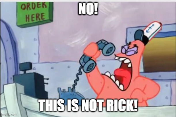 No This Is Not Rick | NO! THIS IS NOT RICK! | image tagged in no this is patrick,spongebob,patrick star,multiple episodes,wait a minute,wait what | made w/ Imgflip meme maker
