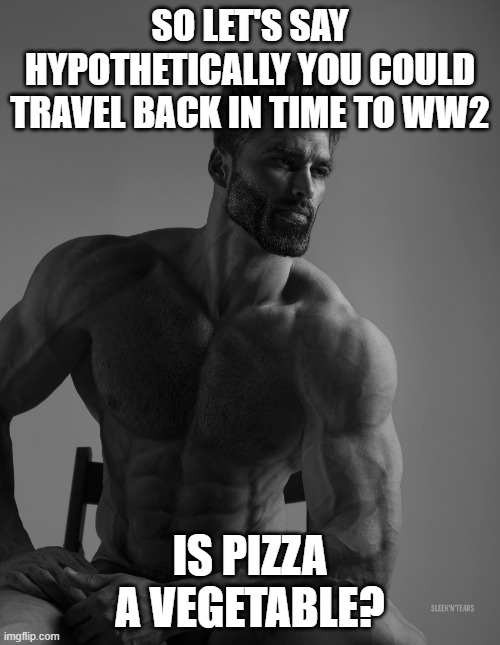 Giga Chad | SO LET'S SAY HYPOTHETICALLY YOU COULD TRAVEL BACK IN TIME TO WW2; IS PIZZA A VEGETABLE? | image tagged in giga chad | made w/ Imgflip meme maker