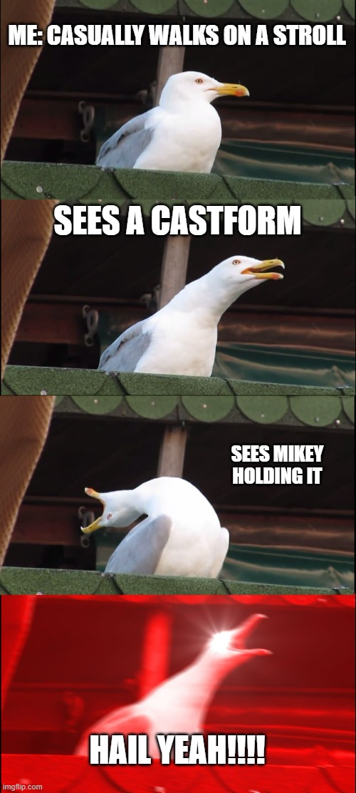Inhaling Seagull Meme | ME: CASUALLY WALKS ON A STROLL; SEES A CASTFORM; SEES MIKEY HOLDING IT; HAIL YEAH!!!! | image tagged in memes,inhaling seagull | made w/ Imgflip meme maker