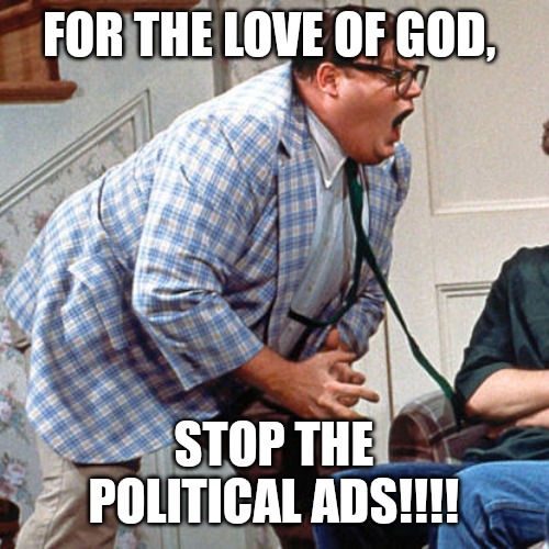 Chris Farley For the love of god | FOR THE LOVE OF GOD, STOP THE POLITICAL ADS!!!! | image tagged in chris farley for the love of god | made w/ Imgflip meme maker