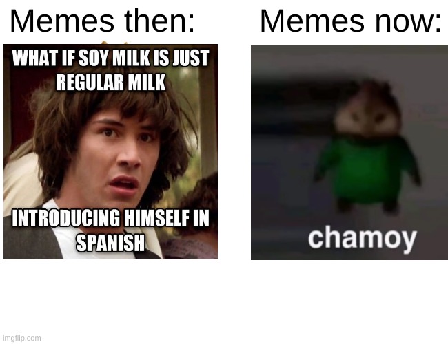 Buff Doge vs. Cheems Meme | Memes then:; Memes now: | image tagged in memes,2012,2022,chipmunks | made w/ Imgflip meme maker