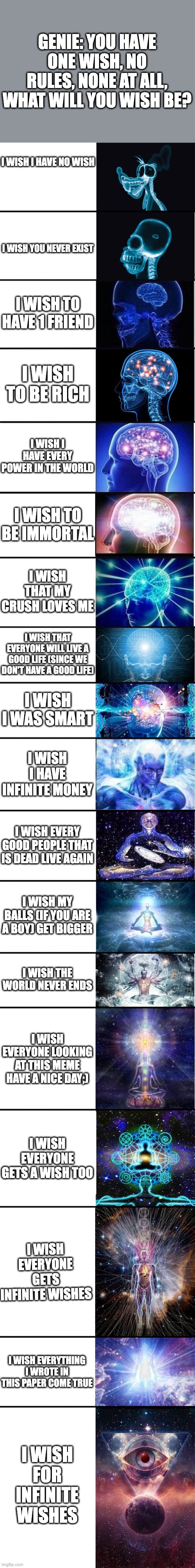 expanding brain: 9001 | GENIE: YOU HAVE ONE WISH, NO RULES, NONE AT ALL, WHAT WILL YOU WISH BE? I WISH I HAVE NO WISH; I WISH YOU NEVER EXIST; I WISH TO HAVE 1 FRIEND; I WISH TO BE RICH; I WISH I HAVE EVERY POWER IN THE WORLD; I WISH TO BE IMMORTAL; I WISH THAT MY CRUSH LOVES ME; I WISH THAT EVERYONE WILL LIVE A GOOD LIFE (SINCE WE DON'T HAVE A GOOD LIFE); I WISH I WAS SMART; I WISH I HAVE INFINITE MONEY; I WISH EVERY GOOD PEOPLE THAT IS DEAD LIVE AGAIN; I WISH MY BALLS (IF YOU ARE A BOY) GET BIGGER; I WISH THE WORLD NEVER ENDS; I WISH EVERYONE LOOKING AT THIS MEME HAVE A NICE DAY;); I WISH EVERYONE GETS A WISH TOO; I WISH EVERYONE GETS INFINITE WISHES; I WISH EVERYTHING I WROTE IN THIS PAPER COME TRUE; I WISH FOR INFINITE WISHES | image tagged in expanding brain 9001 | made w/ Imgflip meme maker