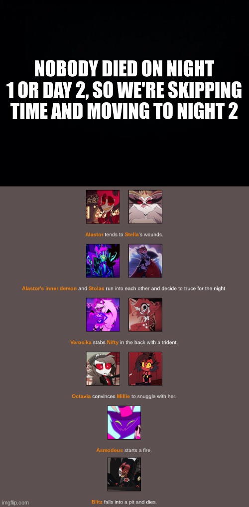 NOBODY DIED ON NIGHT 1 OR DAY 2, SO WE'RE SKIPPING TIME AND MOVING TO NIGHT 2 | image tagged in black background | made w/ Imgflip meme maker