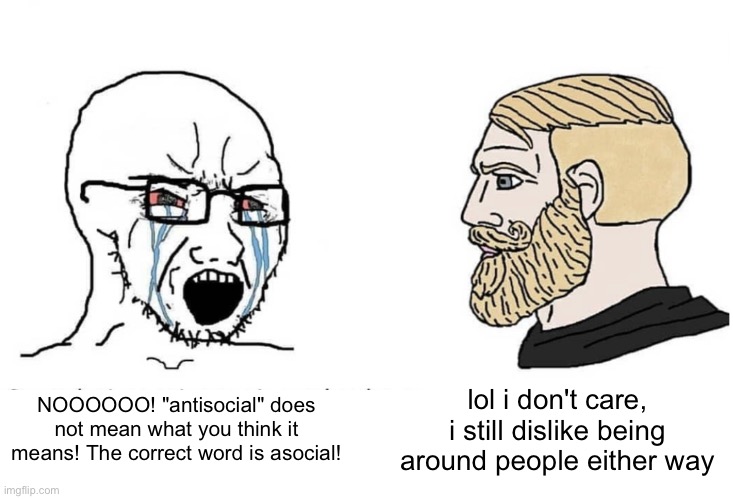 Image Title | lol i don't care, i still dislike being around people either way; NOOOOOO! "antisocial" does not mean what you think it means! The correct word is asocial! | image tagged in soyboy vs yes chad,antisocial,asocial,i hate myself | made w/ Imgflip meme maker