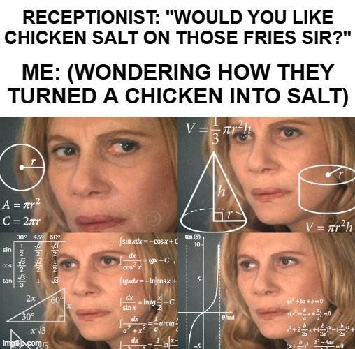 Y o U  S e E  t H E  J o K e  I s  T h A T | RECEPTIONIST: "WOULD YOU LIKE CHICKEN SALT ON THOSE FRIES SIR?"; ME: (WONDERING HOW THEY TURNED A CHICKEN INTO SALT) | image tagged in calculating meme,funny,funny memes,memes,just a tag,stop reading the tags | made w/ Imgflip meme maker