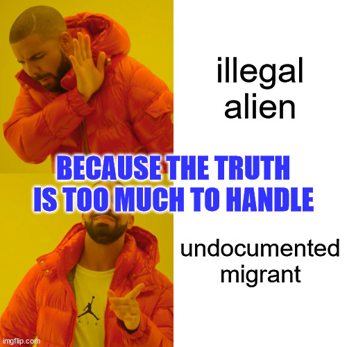 How the media lies to the publc | illegal alien; BECAUSE THE TRUTH IS TOO MUCH TO HANDLE; undocumented migrant | image tagged in memes,drake hotline bling | made w/ Imgflip meme maker