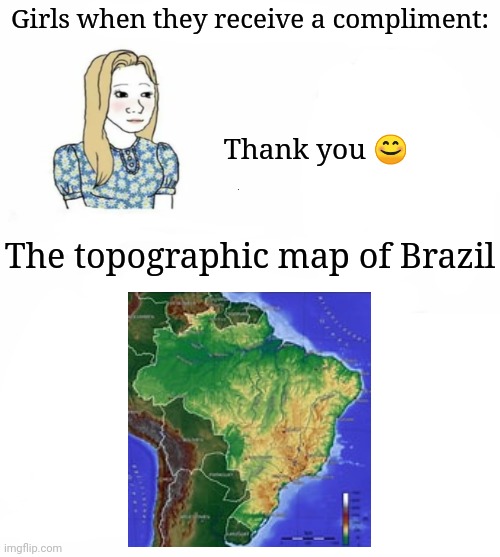 Currently a popular meme with Drew Durnil and msmg... So here... I guess :/ | Girls when they receive a compliment:; Thank you 😊; The topographic map of Brazil | image tagged in boy time machine vs girls time machine | made w/ Imgflip meme maker