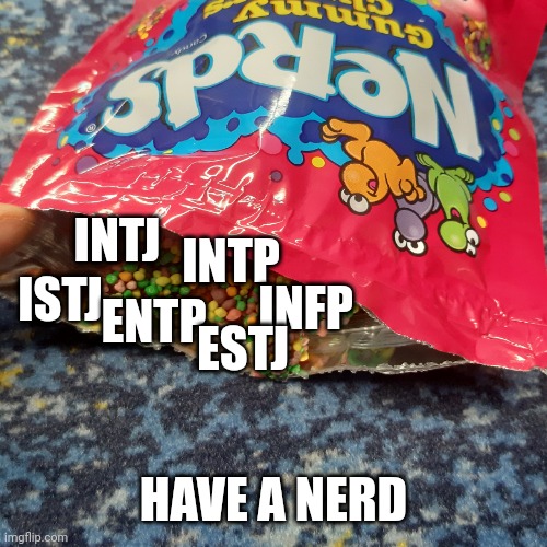 MBTI's Nerds | INTJ; INTP; ISTJ; INFP; ENTP; ESTJ; HAVE A NERD | image tagged in myers briggs,mbti,blank white template,personality,nerds,candy | made w/ Imgflip meme maker