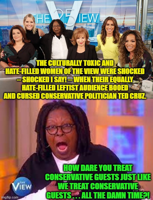 Yeah . . . where would a leftist audience GET such a behavioral template? | THE CULTURALLY TOXIC AND HATE-FILLED WOMEN OF THE VIEW WERE SHOCKED -- SHOCKED I SAY! -- WHEN THEIR EQUALLY HATE-FILLED LEFTIST AUDIENCE BOOED AND CURSED CONSERVATIVE POLITICIAN TED CRUZ. HOW DARE YOU TREAT CONSERVATIVE GUESTS JUST LIKE WE TREAT CONSERVATIVE GUESTS . . . ALL THE DAMN TIME?! | image tagged in leftists | made w/ Imgflip meme maker