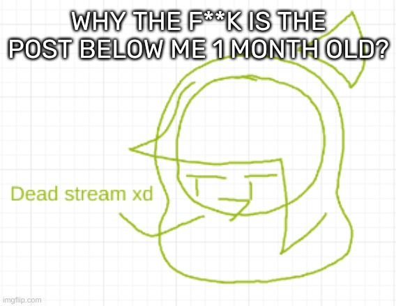 Dead stream xd | WHY THE F**K IS THE POST BELOW ME 1 MONTH OLD? | image tagged in dead stream xd,idk,stuff,s o u p,carck | made w/ Imgflip meme maker