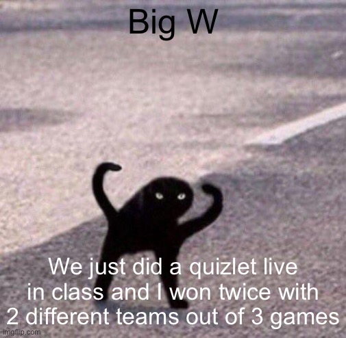 Cursed cat temp | Big W; We just did a quizlet live in class and I won twice with 2 different teams out of 3 games | image tagged in cursed cat temp | made w/ Imgflip meme maker