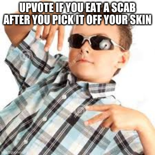 Cool kid sunglasses | UPVOTE IF YOU EAT A SCAB AFTER YOU PICK IT OFF YOUR SKIN | image tagged in cool kid sunglasses | made w/ Imgflip meme maker