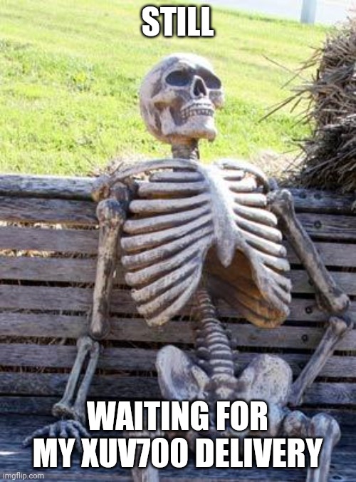 Waiting Skeleton | STILL; WAITING FOR MY XUV700 DELIVERY | image tagged in memes,waiting skeleton | made w/ Imgflip meme maker