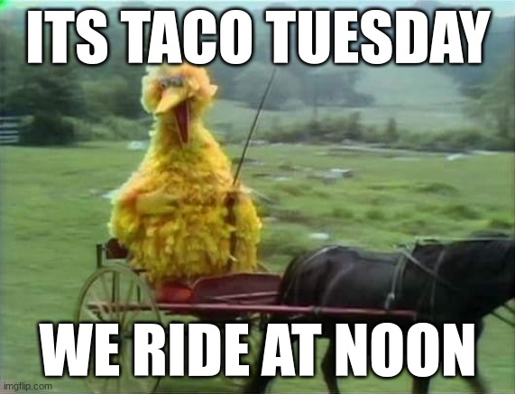 It's Taco Tuesday. We ride at dawn bitches |  ITS TACO TUESDAY; WE RIDE AT NOON | image tagged in oh wow are you actually reading these tags,stop reading the tags,ha ha tags go brr,this is a tag | made w/ Imgflip meme maker
