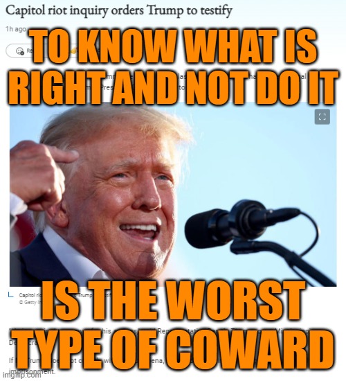 Worst type of cowardice | TO KNOW WHAT IS RIGHT AND NOT DO IT; IS THE WORST TYPE OF COWARD | image tagged in trump subpoenaed,donald trump,maga,brandon,political memes | made w/ Imgflip meme maker