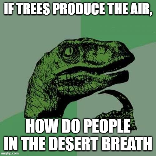 Philosoraptor | IF TREES PRODUCE THE AIR, HOW DO PEOPLE IN THE DESERT BREATH | image tagged in memes,philosoraptor | made w/ Imgflip meme maker