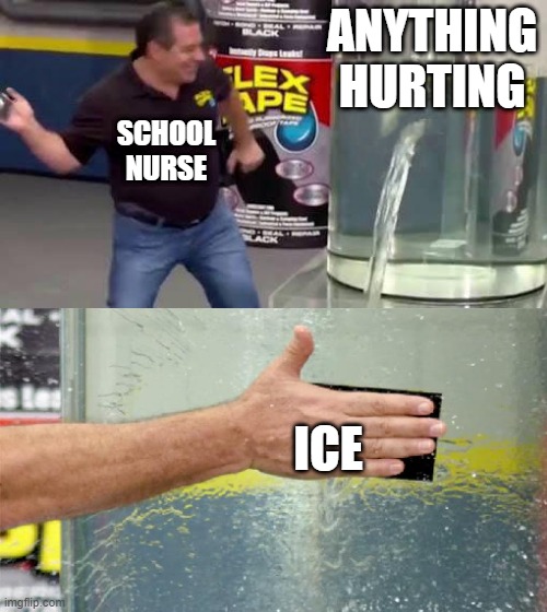 but.. why | ANYTHING HURTING; SCHOOL NURSE; ICE | image tagged in flex tape | made w/ Imgflip meme maker