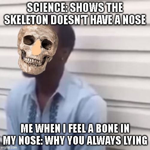 SKELETONS HAVE NOSES | SCIENCE: SHOWS THE SKELETON DOESN'T HAVE A NOSE; ME WHEN I FEEL A BONE IN MY NOSE: WHY YOU ALWAYS LYING | image tagged in why you always lying,skeleton,spooktober,spooky month,october | made w/ Imgflip meme maker