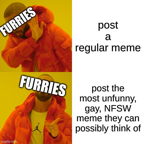 Drake Hotline Bling | post a regular meme; FURRIES; FURRIES; post the most unfunny, gay, NFSW meme they can possibly think of | image tagged in memes,drake hotline bling,anti furry | made w/ Imgflip meme maker