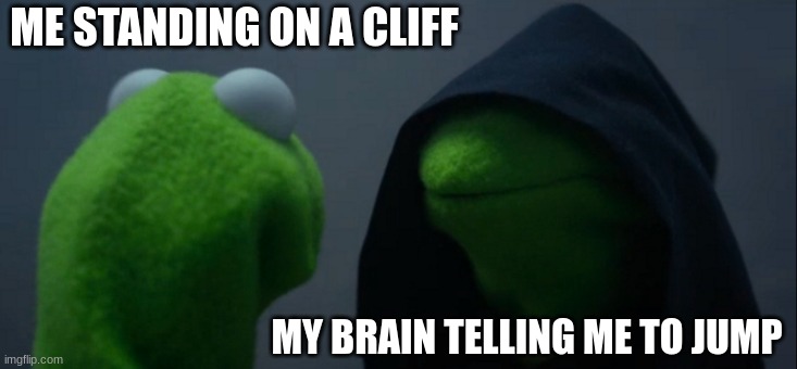 Evil Kermit Meme | ME STANDING ON A CLIFF; MY BRAIN TELLING ME TO JUMP | image tagged in memes,evil kermit | made w/ Imgflip meme maker